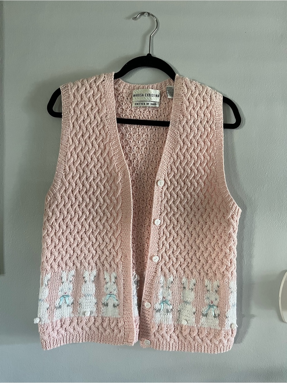 Vintage Pale Pink Cable Knit Vest with White Bunny Trim